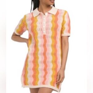 Heartloom Wave Knit Polo Dress Green Blue Stripe Textured Sweater Dress